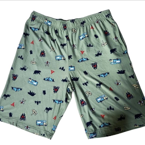 Mountain Ridge Shorts Men's Medium Elastic Waist Camping Print Slash Pockets B8 - Picture 1 of 7
